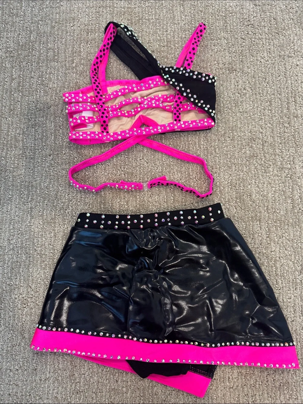 Kids Two-Piece Dance Costume in Hot Pink and Black with Stud Detail